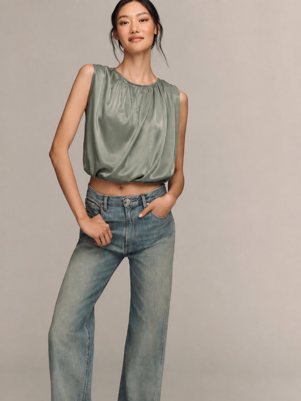Anthropologie Sage Green Satin Sleeveless Blouson Top